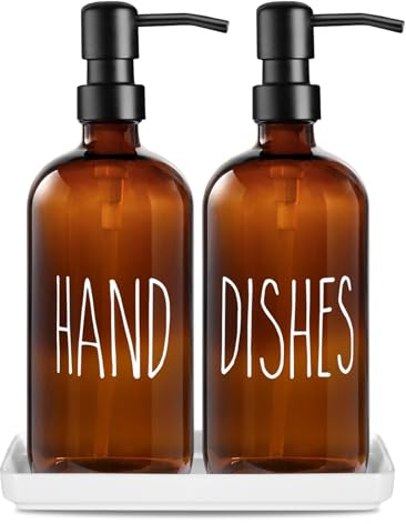 Premium Glas Seifenspender Set: 2er-Pack Flüssighändeseifenspender-Gefäß mit Keramiktablett, 500 ml / 17 oz Boho-Pumpflasche, nachfüllbarer Händeseifenspender für Küchenspüle (Bernstein)