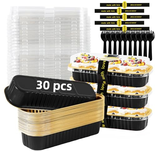 Orlashop Mini Loaf Pans with Lids and Spoons Sealing Sticker,30 Pcs 6.8oz Cake Pans for Baking Disposable Aluminum Foil Red cake pan (30 PCS Black Gold)