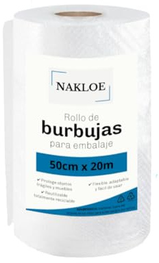 Nakloe - Papel Burbuja de Plástico para Embalaje - Rollo de Burbujas para Mudanza y Envíos - 50cm x 20m - Protección para Objetos Frágiles