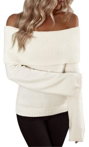 Suéteres de Manga Larga con Hombros Descubiertos para Mujer, suéter Ajustado de Punto Acanalado de Manga Larga, suéter de Cuello Barco para Mujer (White,S)