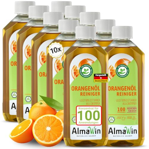 AlmaWin® Orangenölreiniger ÖKO [10x 500ml] ideal als starker Allesreiniger & Fettlöser - Veganes Orangenreiniger Konzentrat in recycelter Flasche - Besonders ergiebiger Orangenöl Reiniger