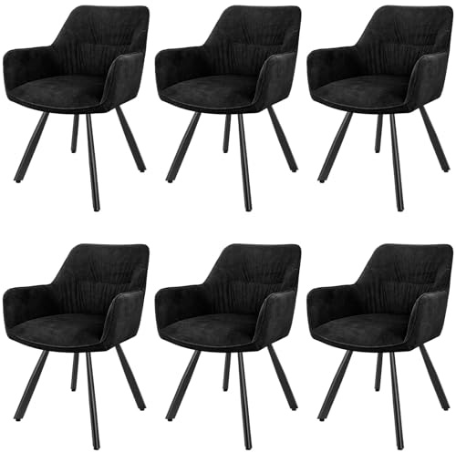 LEWE Esszimmerstühle 6er Set Drehbar, 360° Drehstuhl, Ergonomisch Polsterstuhl, Küchenstühle mit Armlehne, Metallbeine, Kurzflor-Stoff für Esszimmer Wohnzimmer Schlafzimmer, Schwarz