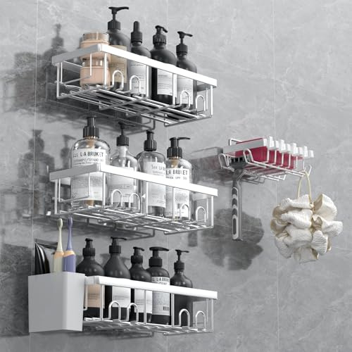 AceMining 4 Pack Argent Rangement Salle de Bain en acier inoxydable, Etagere Salle de Bain Rangement et Organisation, Adhésifs Etagere Douche sans Percage