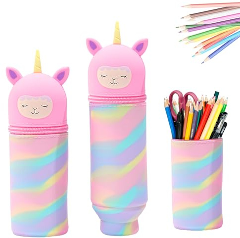 Ueiwffzo Kawaii Federmäppchen Einhorn, 2 in 1 Silikon Federmäppchen Stand Up Mäppchen Aesthetic School Stuff Stifthalter Niedliches Einhorn Federmappe Pencil Case Für Studenten, Erwachsene (Rosa)