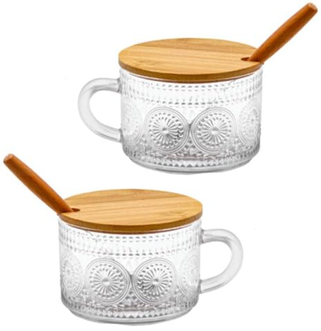 Generico Set 2 Tazze Contenitori da Tè in Vetro con Motivo Floreale, Coperchio in Bambù, Cucchiaio Incluso, Design Vintage Elegante in Vetro Inciso Decorato, Multiuso per Caffè, Tè, Zucchero o Spezie