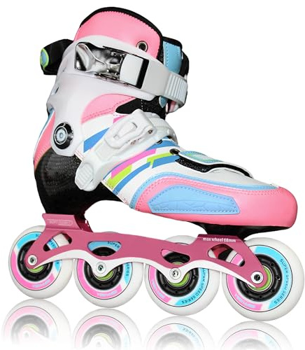 Inline Skates for Girls Boys, Performance Carbon Fibre Roller Skates Blades for Kids Ages 4-12 with PU Wheels, Fun Beginner Skates for Outdoor & Indoor (Pink and White, Medium-Big Kid（1-3.5 US）)