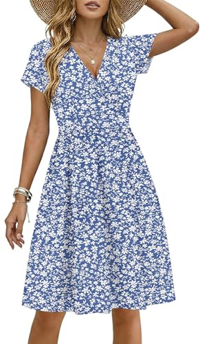 WNEEDU Sommerkleid Damen Kurzarm mit Taschen S-XXL | V-Ausschnitt, Strandkleid, Knielang, Empire taille, Wickelkleid, Leicht & bequem, Alltag & Urlaub, Casual damenkleidung