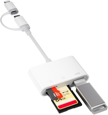 SD Card Reader for iPhone iPad [Apple MFi Certified], Lighitning USB C Card Reader 3 in 2 with MicroSD/SD, Type C Memory Card Reader Adapter Trail Camera sd card Viewer for iPhone16/17/15/14/Android
