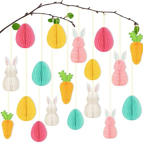 Zueyen 18 Stück Ostereier zum Aufhängen, Wabenball wiederverwendbare Osterdeko Papier, Osterhasen Deko Karotten Set, Pompons zum Basteln & deko hängend Decke Frühlingsornament