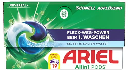 Ariel Allin1 PODS®, Flüssigwaschmittelkapseln 19 Wäschen, Universal+, Fleck-Weg-Power ab der 1. Wäsche, selbst in kaltem Wasser