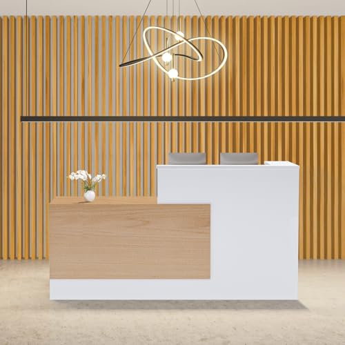 Vakiorn L-förmig Empfangstheke, 180CM x 107CM x 105CM Empfangstresen mit Ablagefächern & Schublade, Reception Desk für Büro, geeignet für Salons, Lobbys (Naturholz, Linker Schrank)