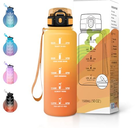 JAPORIA Sport Trinkflasche 1.5L mit Strohhalm und Zeitmarkierung, Trinkflasche Auslaufsicher, BPA-frei, Kohlensäure Geeignet, für Fitness, Gym, Fahrrad und Yoga
