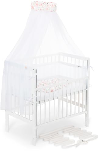 FabiMax Boxspring Baby Beistellbett Flex 90x55 Komplettset, aus Buchenholz weiß lackiert, mit innovativem verstellbarem Seitengitter, passend für Boxspringbetten (Blumen, Comfort 90x5)