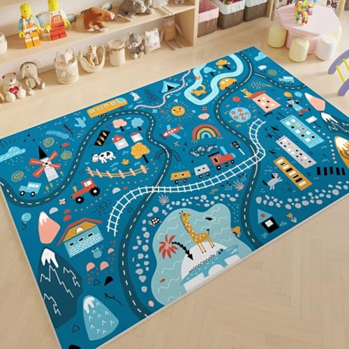 JynxtoyZeal Auto-Spielteppich, Waschbar rutschfest Teppich für Kinderzimmer, Teppich Straße für Klassenzimmer, Spielzimmer, Schlafzimmer-80X120cm