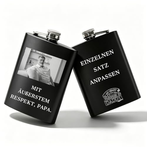 Flachmann mit Gravur personalisiert - 8oz Edelstahl Taschenflachmann | Set mit Bechern & Trichter – Individuelles Geschenk für Männer, Trauzeugen, Hochzeit, Geburtstag, Vatertag & Weihnachten