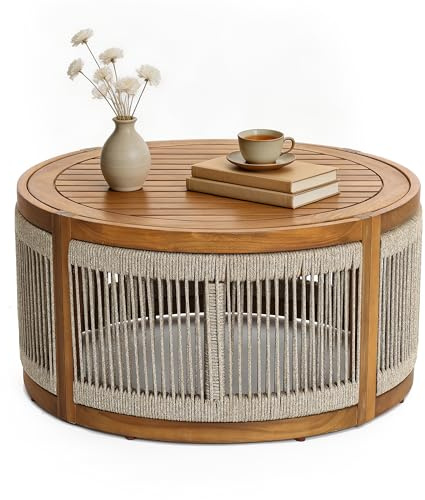 Hometopia Outdoor Couchtisch Rund Holz Ø80 cm, Coffee Table aus Akazienholz mit Rope Seiten, Trommelform Sofa Tisch, Wohnzimmertisch für Balkon, Terrasse, Garten oder Wohnzimmer