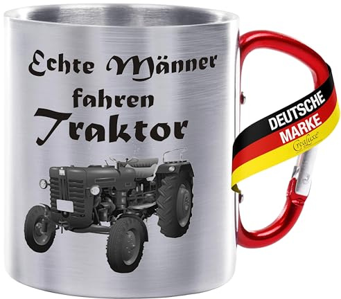 Crealuxe Edelstahltasse mit Karabiner - Echte Männer fahren Traktor - 330ml, Tasse bedruckt, Kaffeetasse, Bürotasse, Metalltasse mit Name
