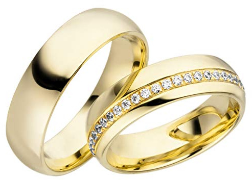 JC Trauringe Silber 925 Paarpreis Eheringe Gold Plattiert I Verlobungsringe breit 6,0 mm I Partnerringe mit Gravur in edler Schatulle I 2 Hochzeitsringe Herrenring & Damenring mit Steinen I LC120-P
