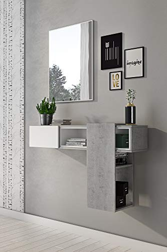 Dmora - Entrance Furniture Calella, Suspended entrance, Wall cabinet with mirror, Entrance pocket emptier with drawer and mirror, 100x27h75 cm, Cement and White