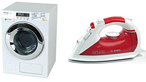 Theo Klein 6941 Miele Waschmaschine I Vier Waschprogramme und Originalgeräusche I 18,5 cm x 26 cm x 18 cm I Spielzeug für Kinder ab 3 Jahren, Weiss & 6254 - Bosch Bügeleisen, Spielzeug
