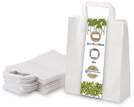 BIOZOYG 50x Papiertragetaschen 22 x 10 x 28 cm - weiße Papiertüten mit Henkel Einkaufstüten - Papiertaschen Geschenktüten Tragetaschen Kraftpapier