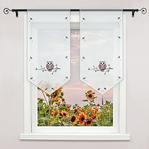 Delien Scheibengardine mit Durchstangenzug Kurzstores Türgardine Landhaus Bistrogardinen Modern Stickerei »Eule« Küche Kurze Gardine mit Quaste Vorhang 1 St. BxH 40x60cm,Grau