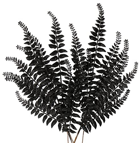 Oairse 60CM 6er Set Kunstpflanze Kunstzweig Weihnachten deko Glitzer, Weihnachten Blätter für Weihnachtsbaum Neujahr Ornamente, Künstliche Farn für Feiertags-Esstischdekoration, Schwarz