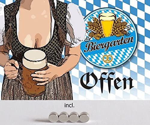 AGDeko® Blechschild 20x30cm Biergarten OFFEN Bayern Pin up Girl Dirndl Maßkrug Bier mit Magnete