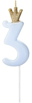 Candelina a forma di numero 3 per Torta di Compleanno, candela celeste con corona glitter oro per bambino, Festa Baby, Party di Anniversario