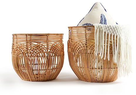 X AVIA HANDICRAFTS Set Of 2 Large Woven Blanket Baskets | Round Wicker Rattan Storage Floor Baskets for Shoe In Living Room | Extra Big Boho Rattan Laundry For Pillow, Blanket, Clothes
