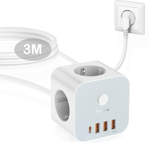 Steckdosenleiste mit USB, 7-in-1 Mehrfachsteckdose mit USB C 3680W, 3-Fach Steckdosenwürfel mit 1 USB-C & 3 USB-A, Mehrfachstecker mit Schalter, 3 m Verlängerungskabel – ideal für Büro und Zuhause