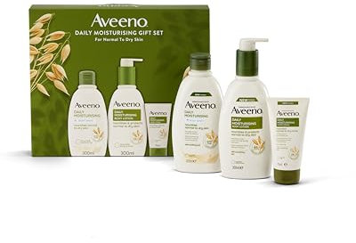 Aveeno Daily Moisturising Gift Set for Normal to Dry Skin, with Soothing Oat Extract, Body Wash 300ml + Body Lotion 300ml + Hand Cream 75ml, Pack of 3