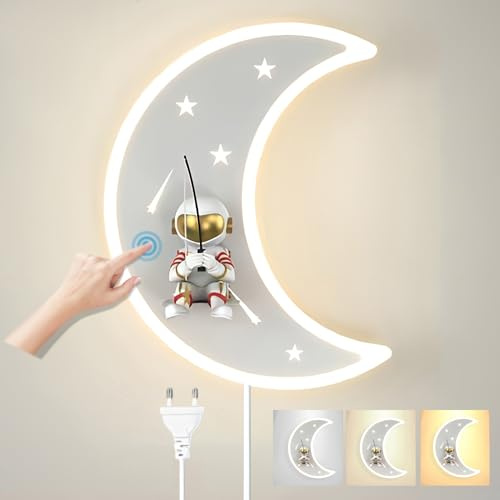 KZT LED Kinder Wandleuchte mit Touch Schalter Mond Wandlampe mit Stecker Kinderzimmer Nachtlicht Junge Mädchen Raumlampe Dimmbar Modern Nacht Leseleuchte Innen Schlafzimmer Wohnzimmer