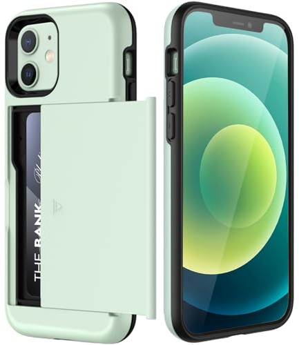 JETech Kartenfach Hülle für iPhone 12/12 Pro 6,1 Zoll mit Kartenhalter, Zweilagige Stoßfeste Schutzhülle, Verschiebbarer Versteckter Steckplatz (Grün)