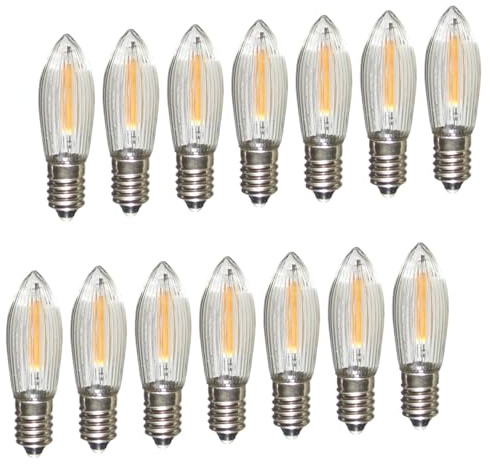 Erzgebirgslicht - AUSWAHL - 14 Stück LED Filament Topkerze 34 V 0,2 W für INNEN, für 7 Brennstellen E10 Riffelkerze Ersatzbirne Glühbirne Glühlämpchen für Lichterketten Pyramide Schwibbogen