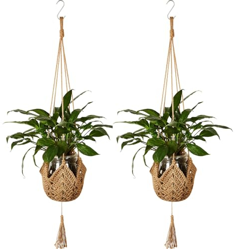 SPANN Paniers de Plantes à Suspendre en Corde de Jute Macramé Crochet pour Pot de Fleurs Mural avec Crochets de Suspension pour Décoration Intérieure 2 Pièces
