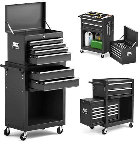 COSTWAY Large Rolling Tool Cabinet, 2-in-1 Detachable Metal Tool Chest with Drawers, Wheels, Handle & Hooks, Lockable Tool Box Trolley for Garage Workshop (6 Drawers, Black)