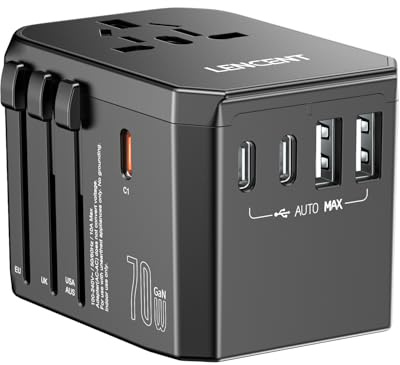 LENCENT 70W Snabb Laddning Universal Reseadapter över Hela Världen, GaN III Internationell Travel Adapter med 3 PD3.0 Typ C+2 QC USB A, Socket Adapter Worldwide för DE USA UK AUS, Typ C/G/A/I, Svart
