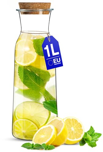 KONZEPT Jarra de agua con tapa, jarra de cristal de 1 litro, ideal para agua, zumo, limonada, coctails y leche