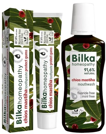 Bilka Homeopathy Chios Mastiha Set - Zahncreme 75ml + Mundspülung 250ml | Natürlicher Zahnfleischschutz mit Plaque Reduzierende Wirkung, Fluoridfrei, Mentholfrei, für täglichen Zahnpflege