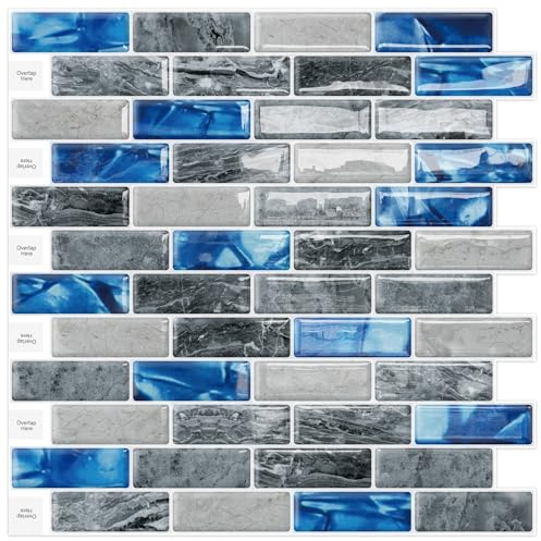 DEWOO 3d Klebefliesen Küche bad Wandfliesen Selbstklebende Fliesen 10-Stück | Plastik,Blau,Barmoroptik,Aquamarin,Fliesenaufkleber,Fliesenfolie,Wand,Küchenwand,(30,5 x 30,5 cm)