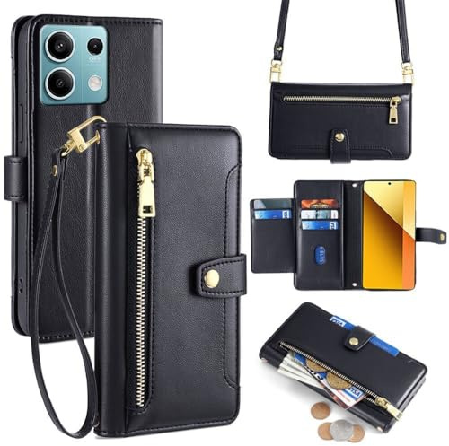betterfon Handykette kompatibel mit Xiaomi Redmi Note 13 4G | Leder Handyhülle mit Kartenfächern | Handyhülle zum Umhängen | Schwarz