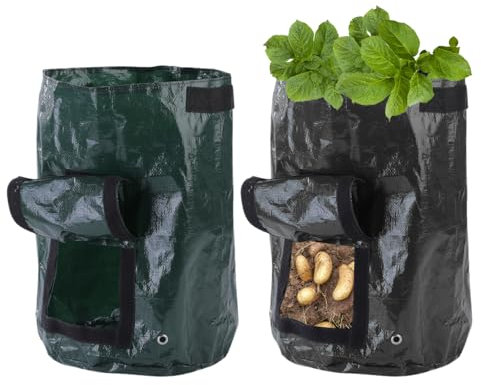 DHSBGWSX 2 sacchetti per piante e patate, per piante e verdure, per piante e verdure, per esterni, con coperchi e manici, nero, verde scuro
