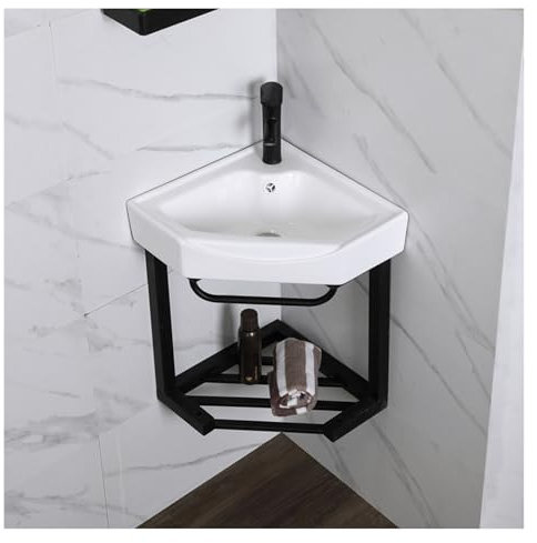 lavandino, lavandino angolare Piccolo lavabo in Ceramica da Parete per Bagno, con Staffa e Kit di Scarico, Facile da manutenere e installare, per Piccoli bagni (Nero 38x49 cm)