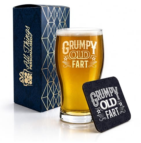 All Things Personalised Engraved Pint Glass and Coaster Gift Set with Grumpy Old Fart, Funny Present for Him, Fathers Day, Grandad Gift, Gift Boxed, MDF Drinks Coaster
