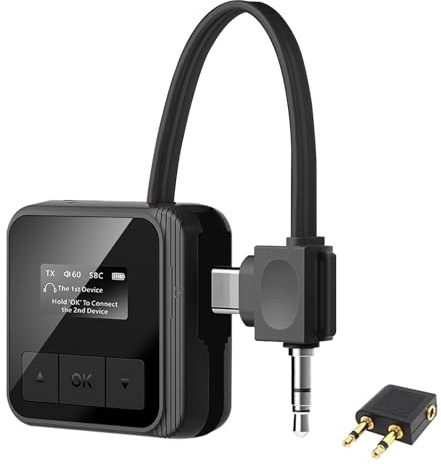 Receptor transmisor Bluetooth 5.3 para TV a 2 auriculares inalámbricos, doble enlace 2 en 1, adaptador de audio Bluetooth inalámbrico con entrada auxiliar de 3.5 mm/USB C para avión, gimnasio, coche,