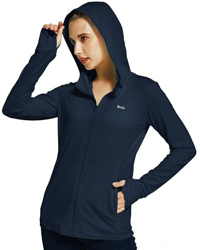 WILLIT Damen Laufjacke Sportjacke Langarm Sonnenschutz Hoodie UV Shirts Laufshirt UPF 50 Leichte Jacke Yoga Fitness Sport Wandern mit Taschen Navy M
