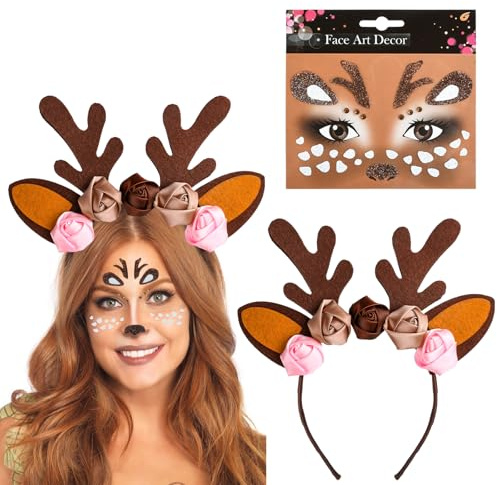 QIZHIQIAMY Geweih Haarreif, Reh Geweih Haarreif, Hirschgeweih Haarreif, Haarreif Reh Kinder, Reh Haarreif Damen, Reh Kostüm Damen mit Reh Tattoo Gesicht für Weihnachten, Karneval, Cosplay (A)