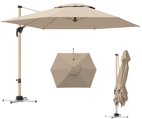 Outsunny Ombrellone da Giardino a Manovella 4.2x3 m Inclinabile e Girevole a 360°, Ombrellone Decentrato a Braccio con Base a Croce e Presa d'Aria, in Poliestere 240g/㎡, Alluminio e Metallo, Cachi