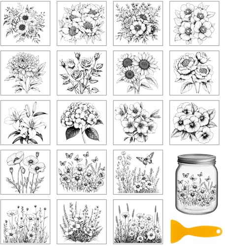 GLOBLELAND 18 Sheets Black and White Flower Rub on Transfers Sunflowers Peonies Florals Waterproof UV DTF Cup Wraps Decals Stickers for Water Glass Bottle Vase Crafts